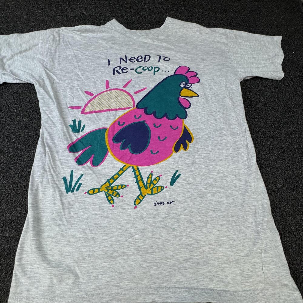 Vtg BSLEEPIN Shirt Womens L Gray Chicken Graphic Cotton Blend Crew Neck Tee